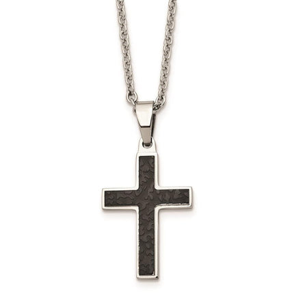 Stainless Steel Polished and Textured Black IP-plated Cross Necklace ,