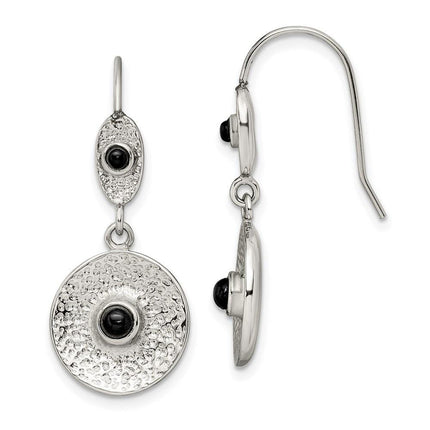 Stainless Steel Polished and Textured Black Onyx Circle Earrings ,