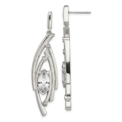 Stainless Steel Polished and Textured CZ Post Dangle Earrings ,