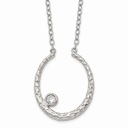 Stainless Steel Polished and Textured CZ w/2in ext. Necklace ,