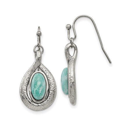 Stainless Steel Polished and Textured Dyed Synthetic Green Jade Earrings ,