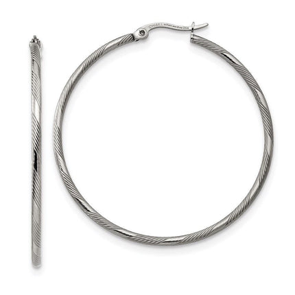 Stainless Steel Polished and Textured Hinged Hoop Earrings ,