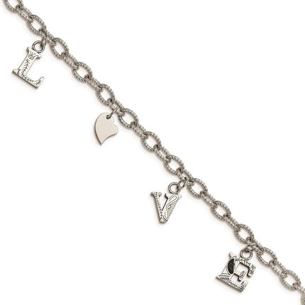 Stainless Steel Polished and Textured LOVE Charm Bracelet ,