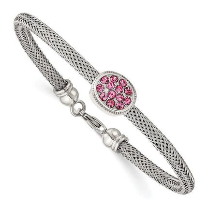 Stainless Steel Polished and Textured Pink Crystal 7.25in. Bracelet ,
