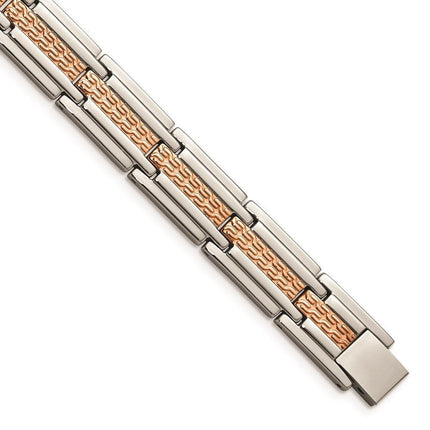 Stainless Steel Polished and Textured Rose Gold-plated 8.5 inch Bracelet ,