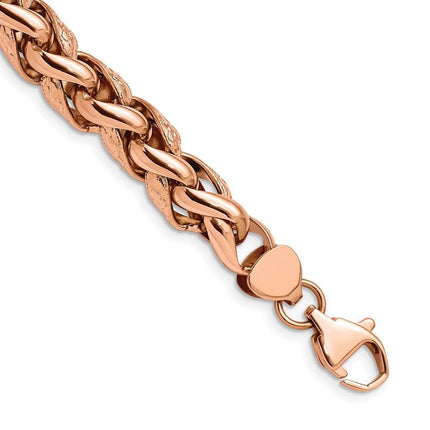 Stainless Steel Polished & Textured Rose IP-plated Wheat 8.75in Bracelet ,