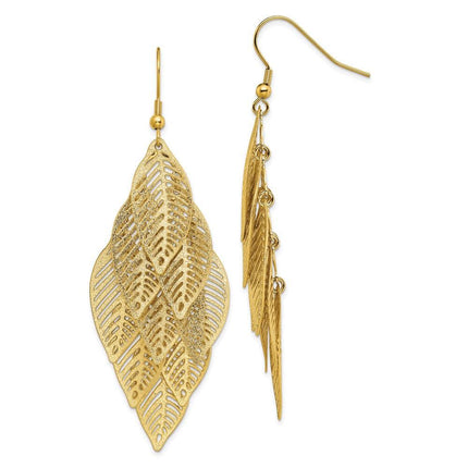 Stainless Steel Polished and Textured Yellow IP Leaves Dangle Earrings ,
