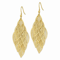 Stainless Steel Polished and Textured Yellow IP Leaves Dangle Earrings ,