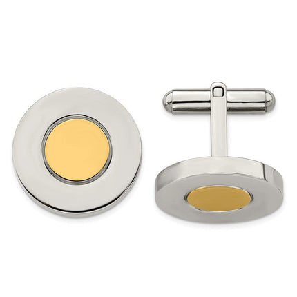 Stainless Steel Polished & Yellow IP-plated Circle Cufflinks ,