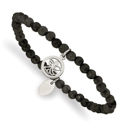 Stainless Steel Polished Angel Black Jade Beaded Stretch Bracelet ,