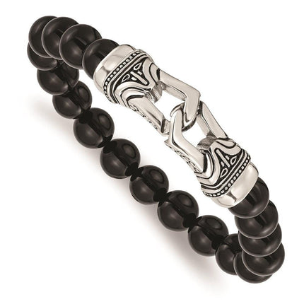 Stainless Steel Polished Antiqued Black Agate Stretch Bracelet ,
