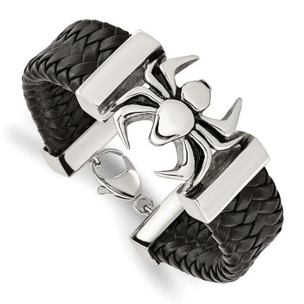 Stainless Steel Polished Antiqued Blk Leather Spider Bracelet ,