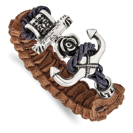 Stainless Steel Polished Antiqued Brown Leather Anchor Toggle Bracelet ,