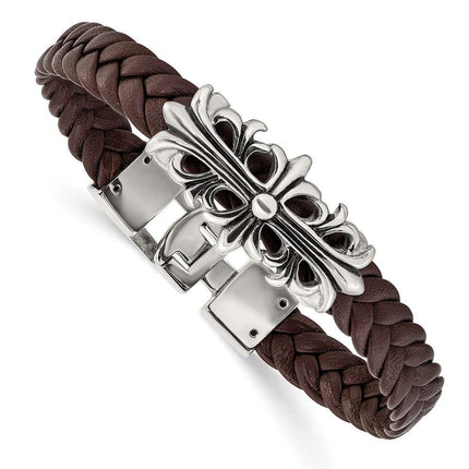 Stainless Steel Polished Antiqued Brown Leather Filigree Bracelet ,