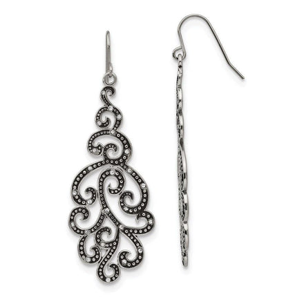 Stainless Steel Polished Antiqued Crystal Shepherd Hook Earrings ,