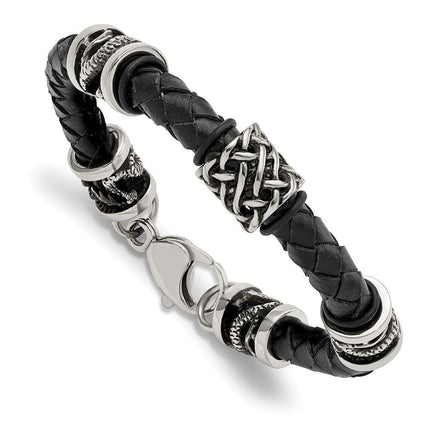 Stainless Steel Polished Antiqued Dragon Black Braided Leather Bracelet ,
