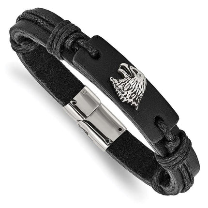 Stainless Steel Polished Antiqued Eagle Head Black Leather Bracelet ,