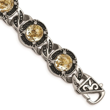 Stainless Steel Polished Antiqued Epoxy Resin w/Gold Tin Bracelet ,
