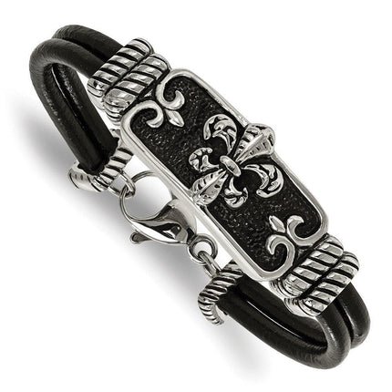 Stainless Steel Polished Antiqued Fleur De Lis Black Leather Bracelet ,