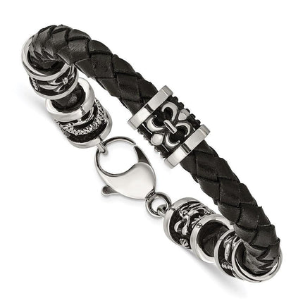 Stainless Steel Polished Antiqued Fleur De Lis/Dragon Blk Leather Bracelet ,