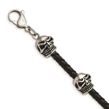 Stainless Steel Polished Antiqued Leather Skull Bracelet ,