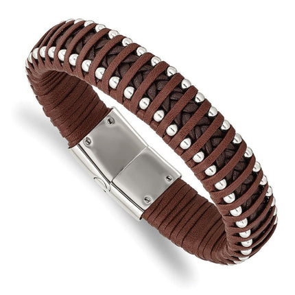 Stainless Steel Polished Beaded Brown Leather 8.25in Bracelet ,