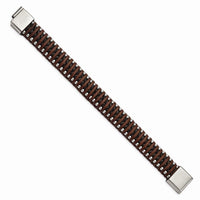 Stainless Steel Polished Beaded Brown Leather 8.25in Bracelet ,
