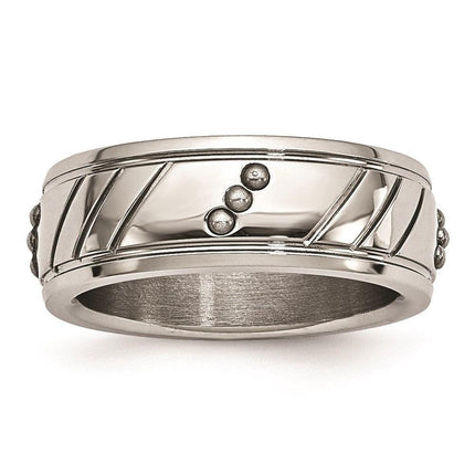 Stainless Steel Polished Beaded Grooved Ring ,