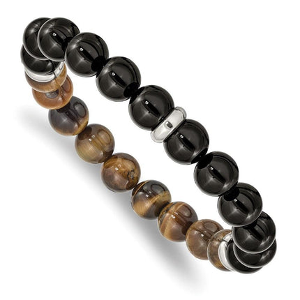 Stainless Steel Polished Black Agate and Tiger's Eye Stretch Bracelet ,
