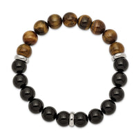 Stainless Steel Polished Black Agate and Tiger's Eye Stretch Bracelet ,