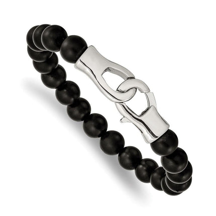 Stainless Steel Polished Black Agate Beads 9in Bracelet ,