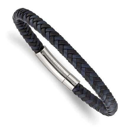 Stainless Steel Polished Black and Blue Braided Leather 8.25in Bracelet ,