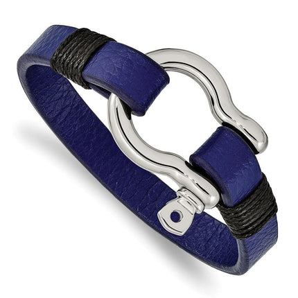 Stainless Steel Polished Black and Blue Leather 8.25in Shackle Bracelet ,