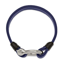 Stainless Steel Polished Black and Blue Leather 8.25in Shackle Bracelet ,