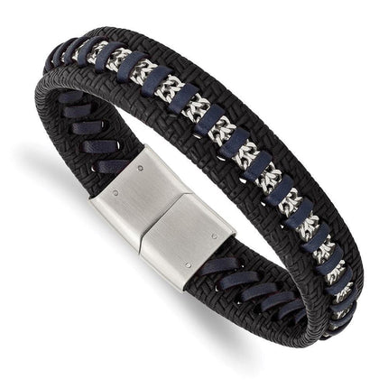 Stainless Steel Polished Black and Blue Leather 8.5in Bracelet ,
