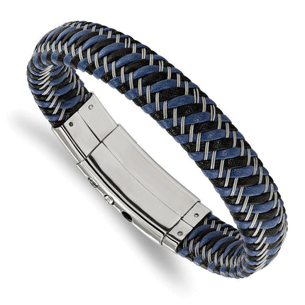 Stainless Steel Polished Black & Blue Leather Adj. 7.75in to 8.25in Bracele ,