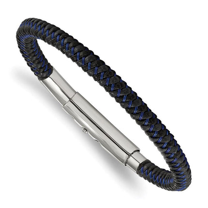 Stainless Steel Polished Black and Blue PU Adjust 7.75in to 8.25in Bracelet ,