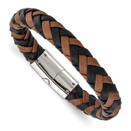 Stainless Steel Polished Black and Brown Leather 8.5in Bracelet ,