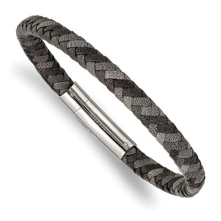 Stainless Steel Polished Black and Gray Braided Leather 8.25in Bracelet ,