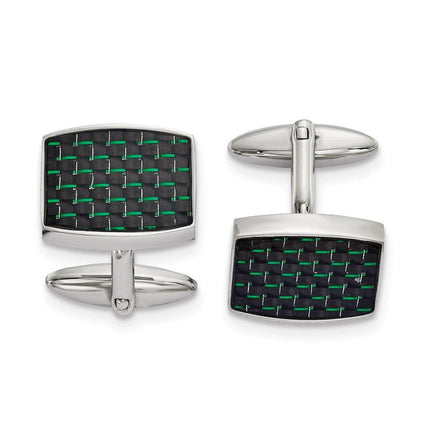 Stainless Steel Polished Black and Green Carbon Fiber Inlay Cufflinks ,