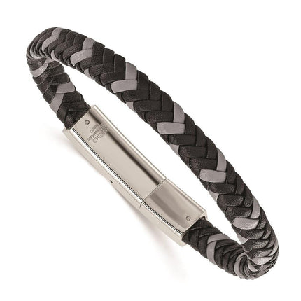 Stainless Steel Polished Black and Grey Braided Leather 8in Bracelet ,