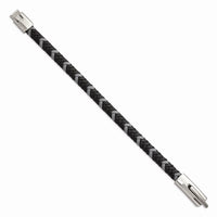 Stainless Steel Polished Black and Grey Braided Leather 8in Bracelet ,