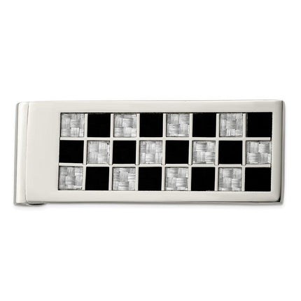 Stainless Steel Polished Black and Grey Carbon Fiber Inlay Money Clip ,