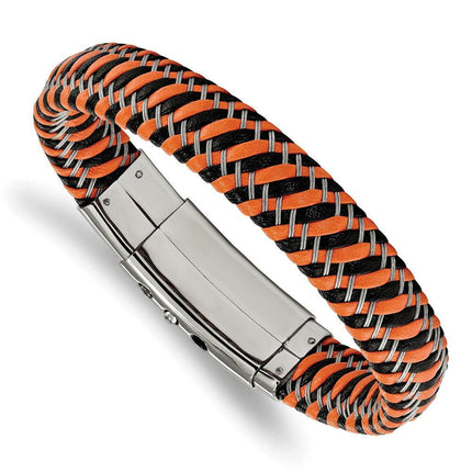 Stainless Steel Polished Black & Orange Leather Adj 7.75-8.25in Bracelet ,