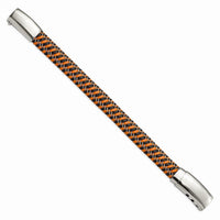 Stainless Steel Polished Black & Orange Leather Adj 7.75-8.25in Bracelet ,