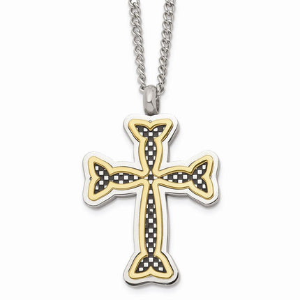 Stainless Steel Polished Black and Yellow IP-plated Cross Necklace ,