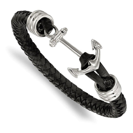 Stainless Steel Polished Black Braided Leather Anchor 8.5in Bracelet ,