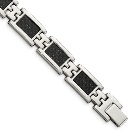 Stainless Steel Polished Black Carbon Fiber Inlay 9in Bracelet ,