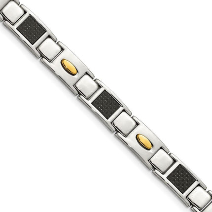 Stainless Steel Polished Black Carbon Fiber Inlay & Yellow IP Bracelet ,