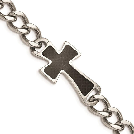 Stainless Steel Polished Black Carbon Fiber Inlay Cross 8.5in Bracelet ,